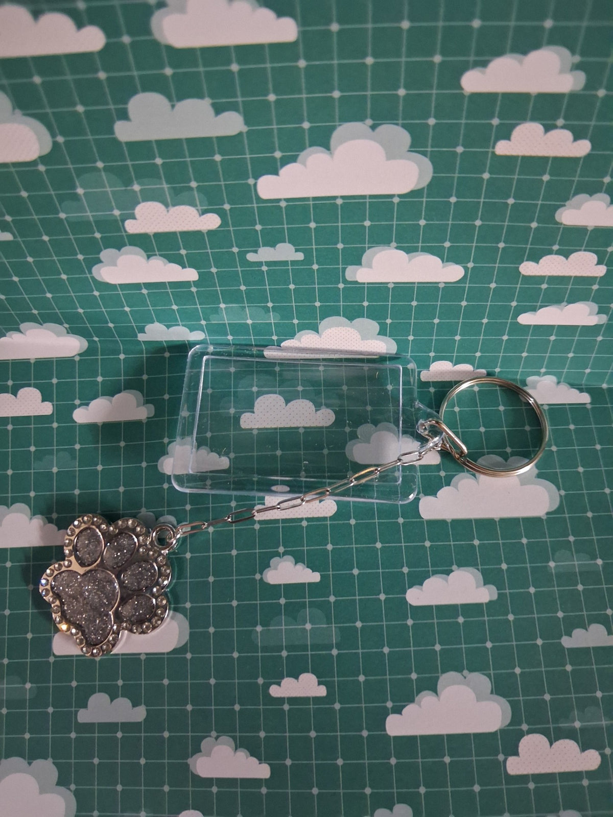 Silver glitter resin paw keyring with silver-coloured chain and clear acrylic photo frame