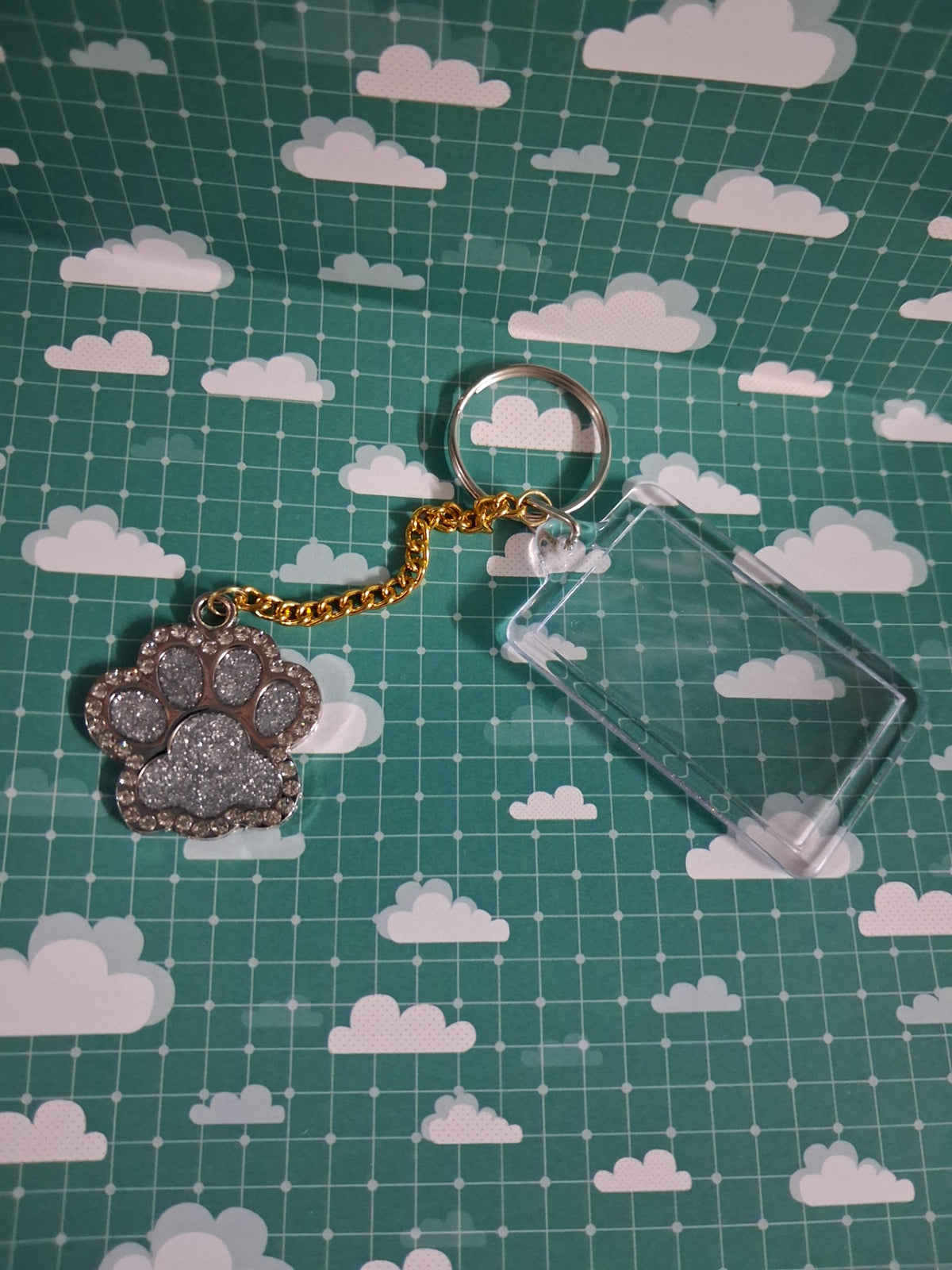 Silver glitter resin paw keyring with gold-coloured chain and clear acrylic photo frame