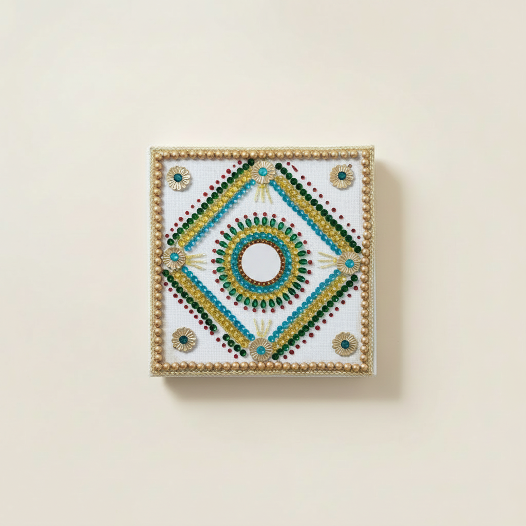 Square handmade journal with gold beaded frame and teal, green and gold bead mandala with mirror centre, on a clean cream background