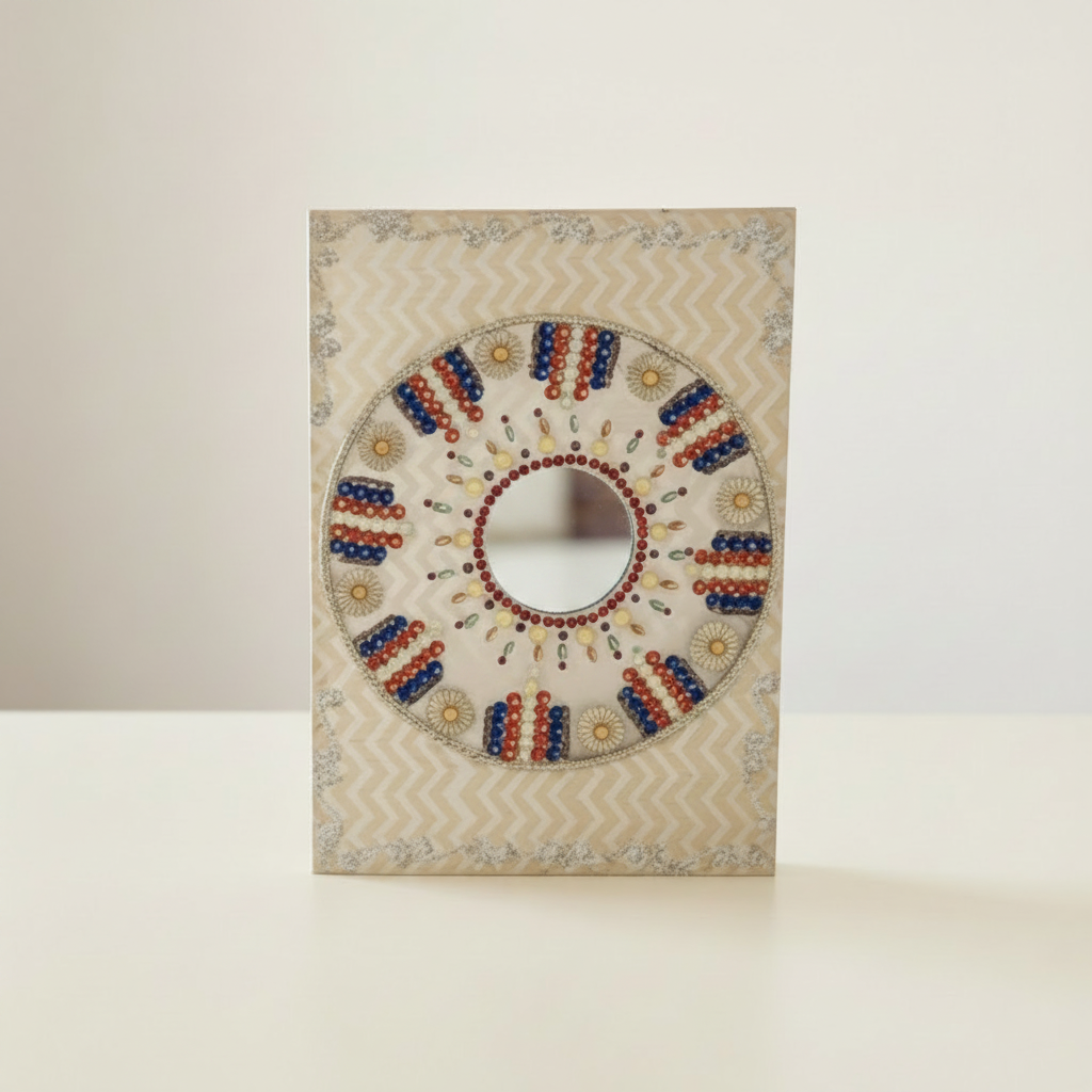 Round handmade journal with red and blue bead mandala and mirror centre, on a clean cream background
